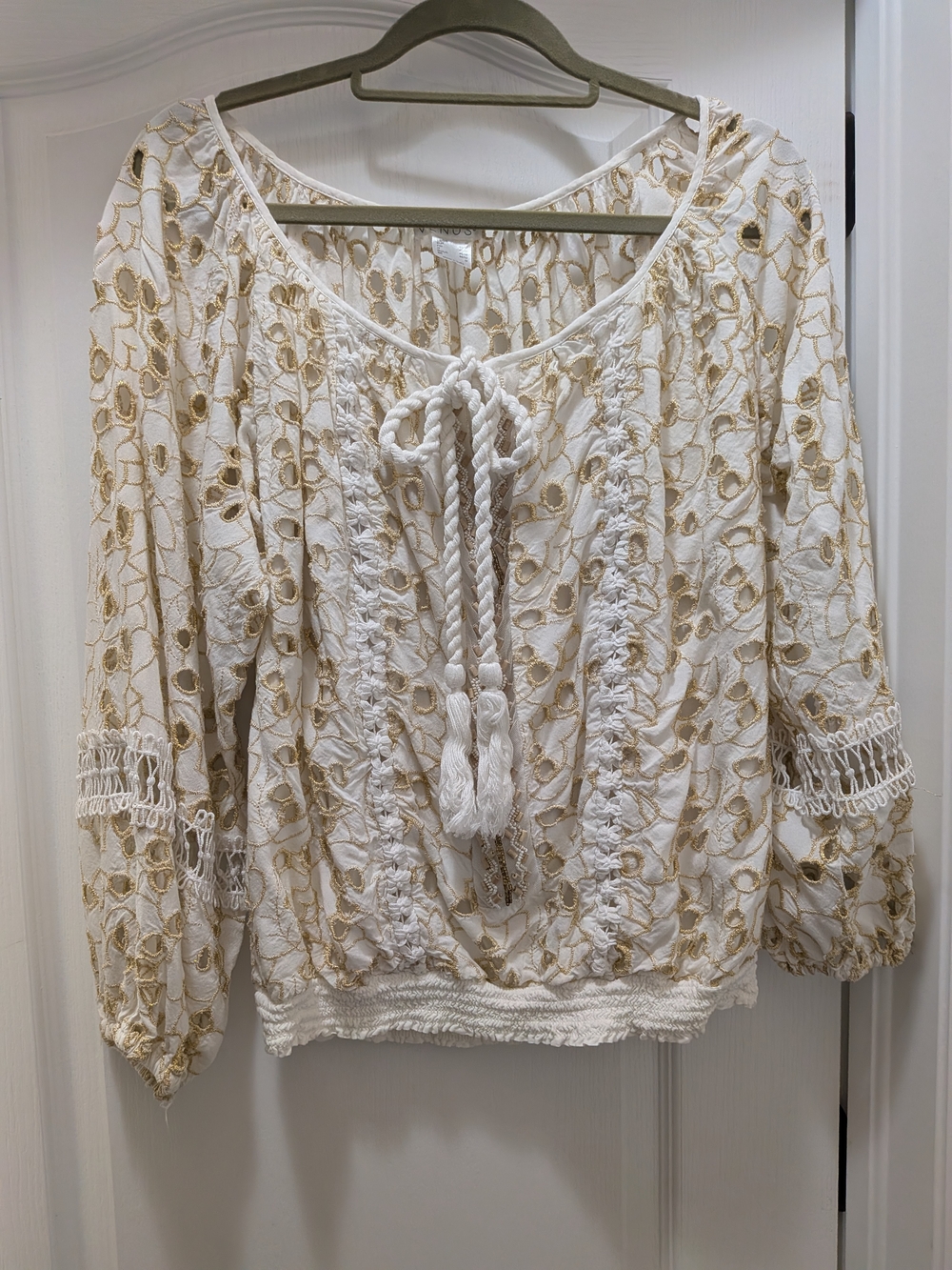 VENUS White Crochet Tie-Front Peasant Blouse with Gold Embroidery